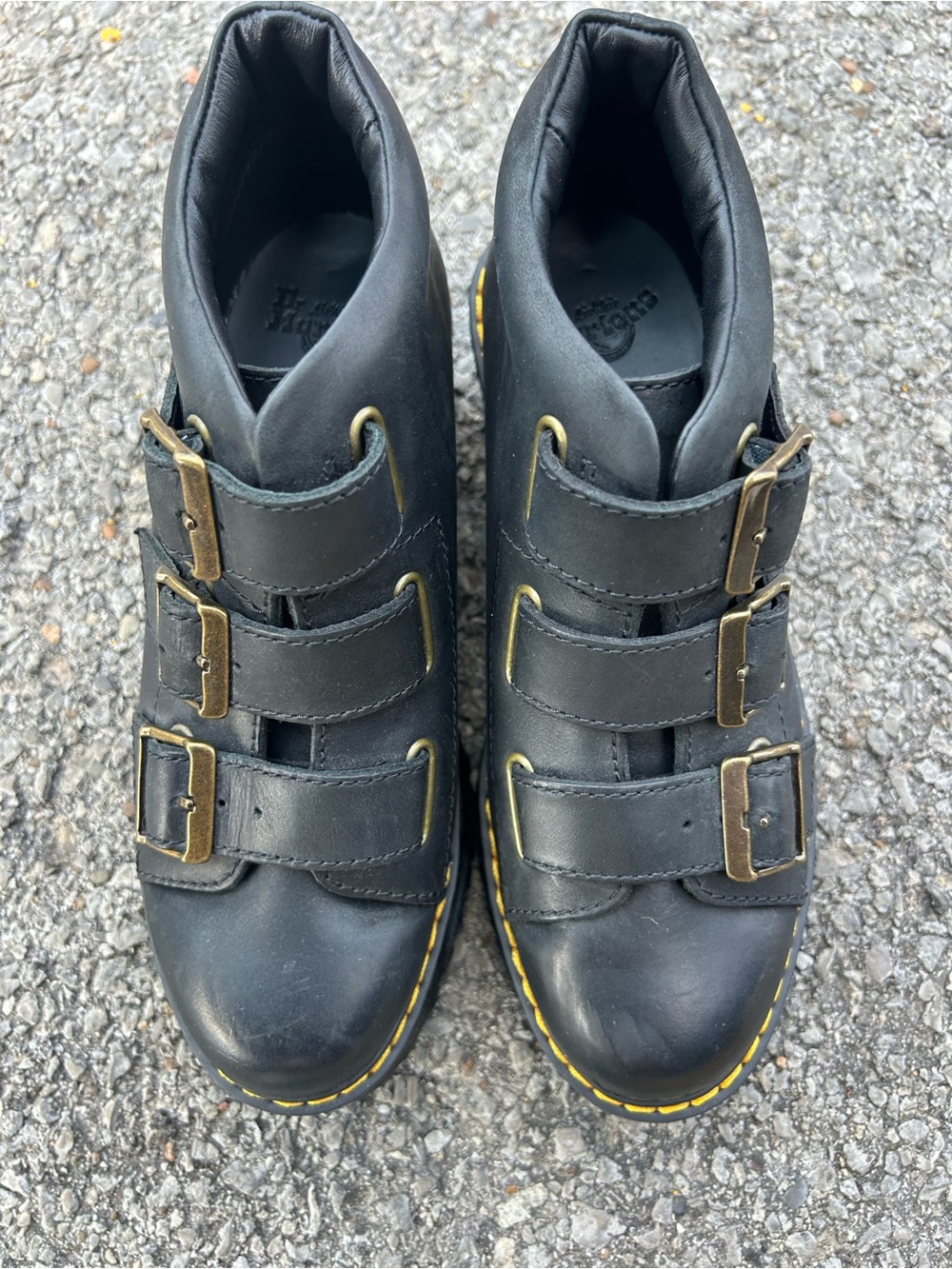 Dr. Martens Women’s Black Leather Triple-Buckle Boots with Yellow Stitching
